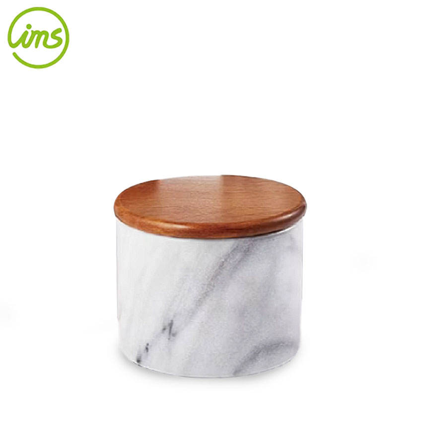 5"x4" Natural Marble Storage Jar with Acacia Wood Lid | Luxury Kitchen Canister